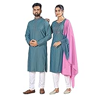 Indian Couple Combo Weaving silk handwork Men's Kurta Pajama & Woman Kurti Pants