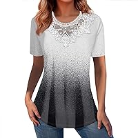Shirts for Women Short Sleeve Print Graphic Cute Tops for Women Round Neck Lace Tops Summer Tops Dressy Crochet Tops