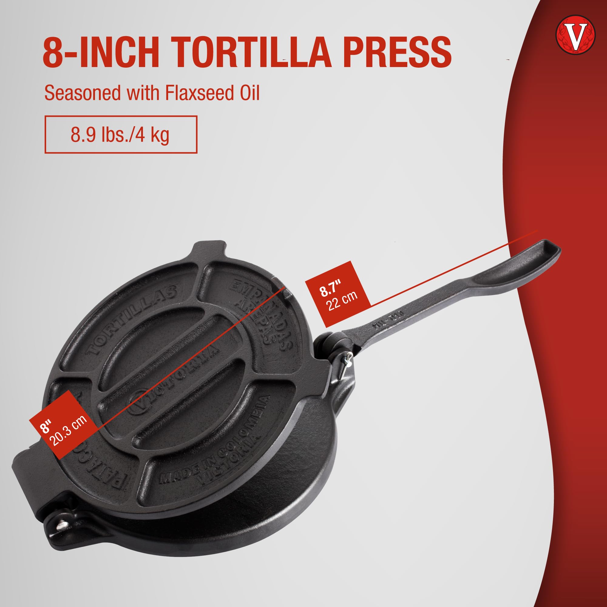 Victoria 8 Inch Cast Iron Tortilla Press. Tortilla Maker, Flour Tortilla press, Rotis Press, Dough Press, Pataconera Seasoned with Flaxeed Oil, Black -