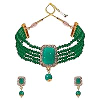 Bollywood Indian Weddding Trendy Red Pearl & Emerald Stone Gold-Plated Choker Jewellery set for women/girls