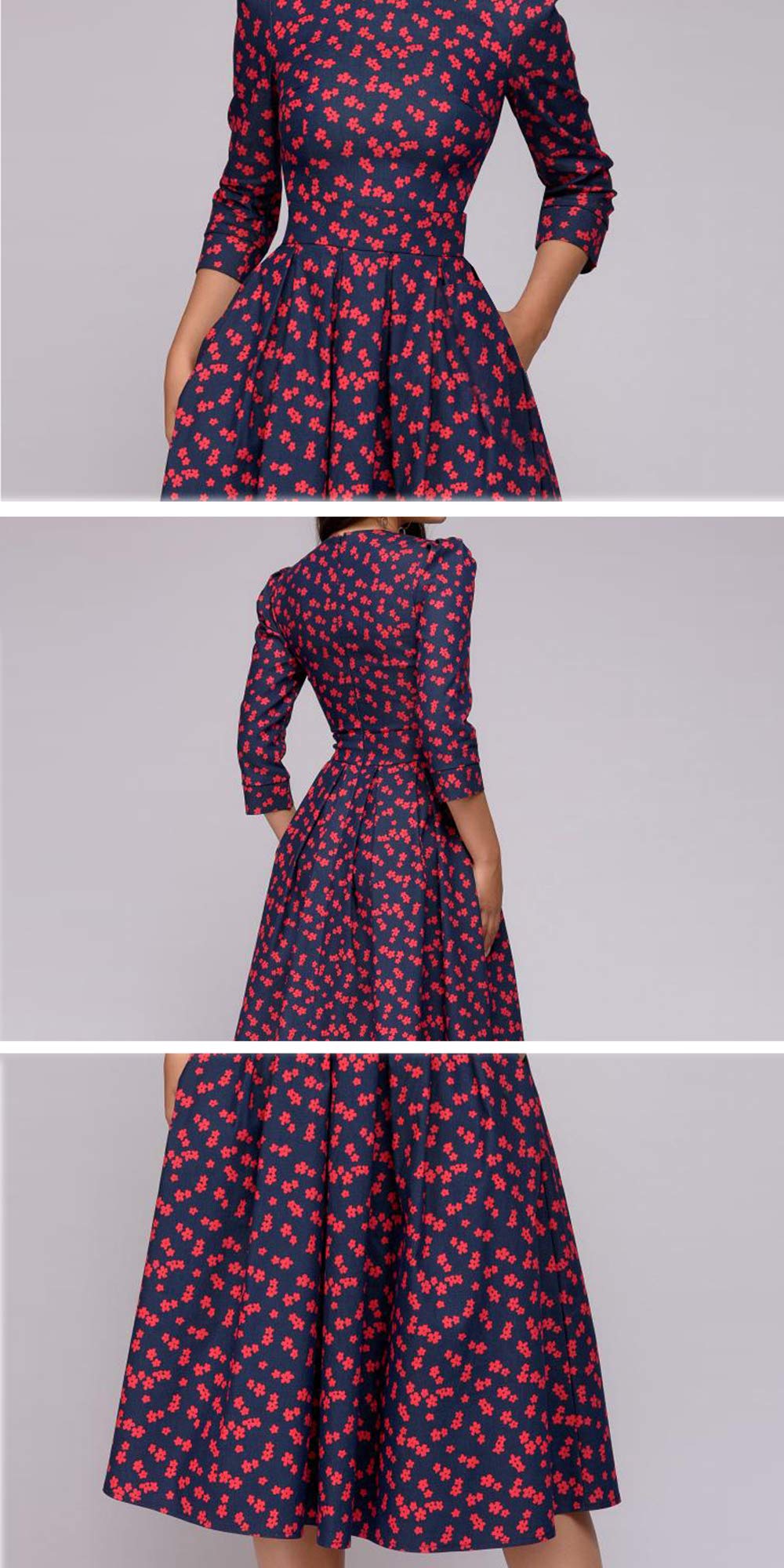 Simple Flavor Women's Floral Vintage Dress Elegant Midi Evening Dress 3/4 Sleeves