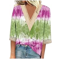 Elbow Length Sleeve Tops for Women Tie Dye Print Graphic Tee Shirt V Neck Lace Blouse Ladies Going Out Tops Tunic
