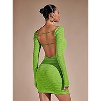 2023 Women's Dresses 1pc Solid Backless Bodycon Dress Women's Dresses (Color : Lime Green, Size : Small)