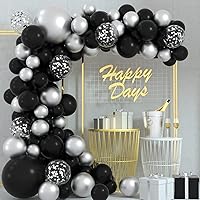FEPITO 108 Pcs Black Silver Balloon Garland Arch Kit 5 10 12 18 Inches Black Silver Confetti Balloons for Birthday Wedding Bridal Baby Shower Graduation Party Decorations