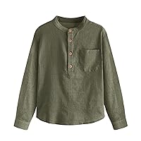 Boys Linen Shirt Button Up Henley Long Sleeve Dress Shirts Cotton Lightweight Tees Tops with One Pocket