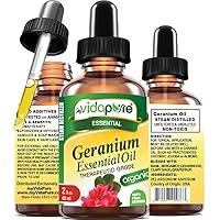 GERANIUM ESSENTIAL OIL Organic 100% PURE NATURAL Therapeutic Grade for Face, Hair, Aromatherapy Diffuser Candles, Relaxation, Skin Care 2 Fl.oz.- 60 ml.