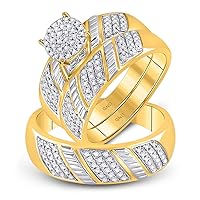 The Diamond Deal 10kt Yellow Gold His & Hers Round Diamond Cluster Matching Bridal Wedding Ring Band Set 1/2 Cttw