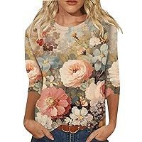 3 Quarter Sleeve Tops for Women Floral Prints Summer Tops 2024 Blouses Crewneck Solid Color Tops Loose Fit Pullover