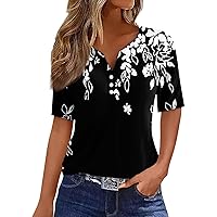 Spring Tops for Women 2024 T Shirt Print Button Short Sleeve Daily Weekend Fashion Basic V- Neck Regular Top