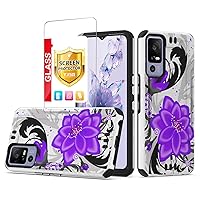 TJS Compatible for TCL 40 XE 5G Case, with Tempered Glass Screen Protector, Magnetic Support Hybrid Shockproof Metallic Brush Finish Phone Case for TCL 40XE 5G (Purple Lily)
