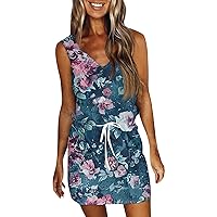 Women's Prom Dresses 2024 Summer Fashion Casual Printed V-Neck Sleeveless Dress with Pockets, S-2XL