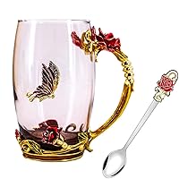 Coffee Mug, Clear Glass Tea Cup with Spoon, Handmade Butterfly Rose Flower Enamel Design, Mother's Day Gifts for Mom from Daughter Son, Christmas, Birthday, Wedding (Rose Red Tall)