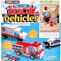 Made By Me Build & Paint Rescue Vehicles, Paint Your Own Firetruck, Police Car & Ambulance, DIY Wooden Vehicles, Great Weekend Activity, Car Birthday Party Idea For Kids Ages 6, 7, 8, 9