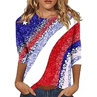 Star Stripes American Flag Tops for Women 2024 Summer 4th of July Patriotic Shirts 3/4 Sleeve Shirts Graphic Tees