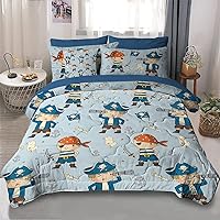 Blue Pirate Bedding Nautical Comforter and Sheet Set with Sham, 8 Piece Queen Size Bed in A Bag for Boy (1 Comforter, 2 Pillowcases, 2 Shams, 1 Flat Sheet, 1 Fitted Sheet, 1 Cushion Cover)
