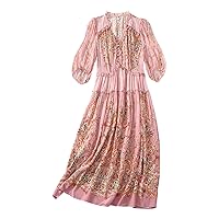 Women Dress Silk Floral Printed V Neck Half Sleeve Back Elastic High Waist Pink Everyday Midi Skirt 2806