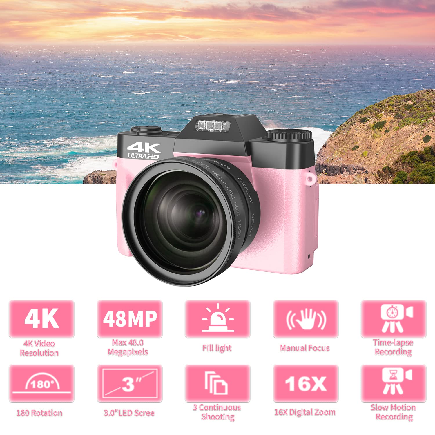 4K Digital Cameras for Photography 48MP Vlogging Camera 16X Digital Zoom Manual Focus Rechargeable Students Compact Camera with 52mm Wide-Angle & Macro Lens, 32G TF Card and 2 Batteries