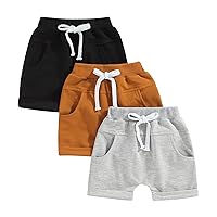 Baby Boy 3-Pack Shorts Toddlers Casual Cotton Pants Elastic Drawstring Shorts Sweatpants with Pockets, 0-3 Years