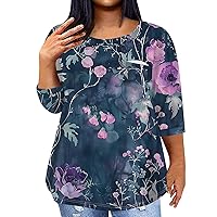 Plus Size Tops for Women Bohemian Print Casual Loose Fit Pretty with 3/4 Sleeve Round Neck Pockets Shirts