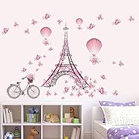 Romantic Pink Butterfly Paris Eiffel Tower Flower Hot Air Balloon Removable Wall Sticker Decal, Children Kids Baby Home Room Nursery DIY Decorative Adhesive Art Wall Mural