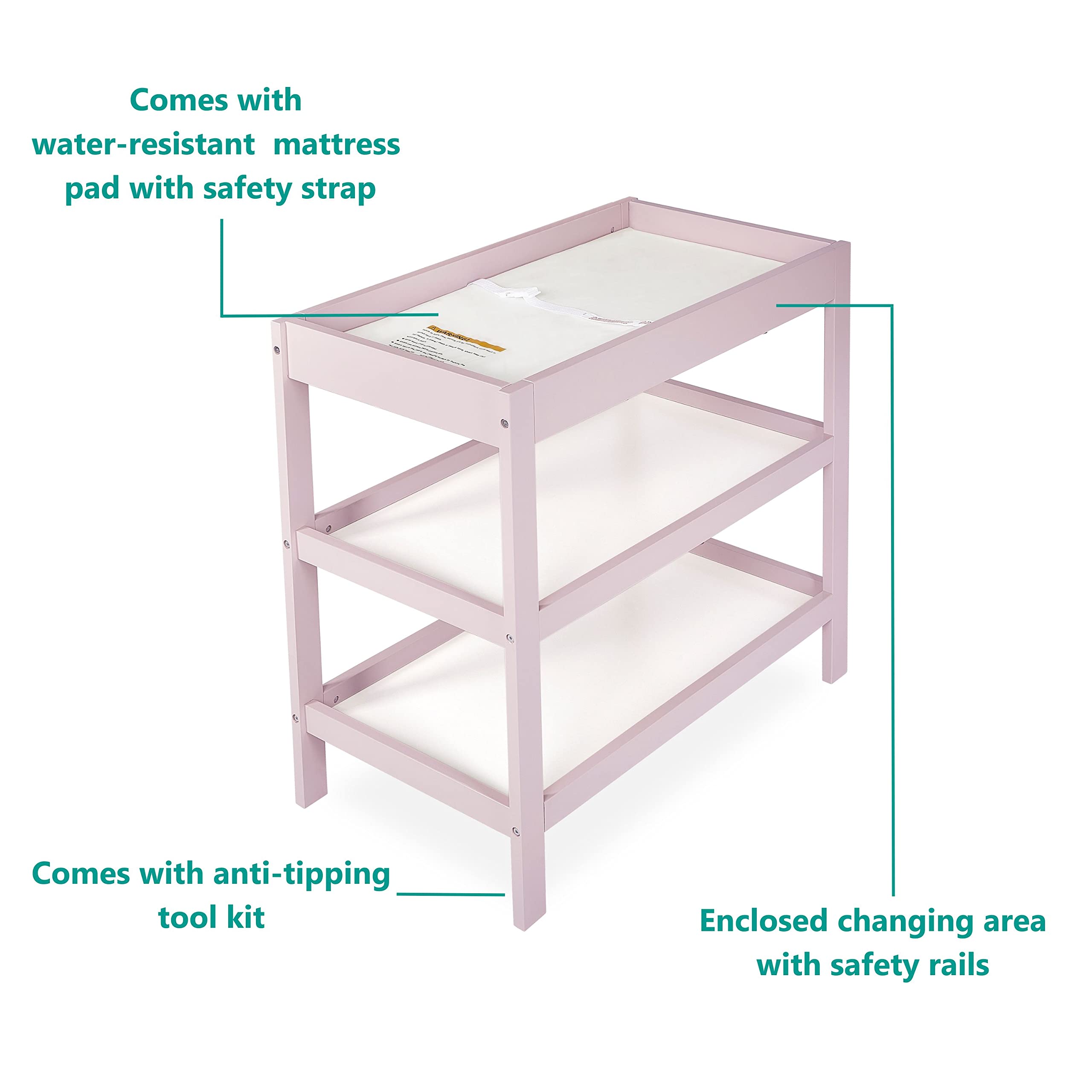 Dream On Me, Ridgefield Changing Table, Blush Pink and White, 33.5x16x33.5 Inch (Pack of 1)