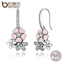 925 Sterling Silver Pink Flower Poetic Daisy Cherry Blossom Drop Earrings with Pearl Back Jewelry