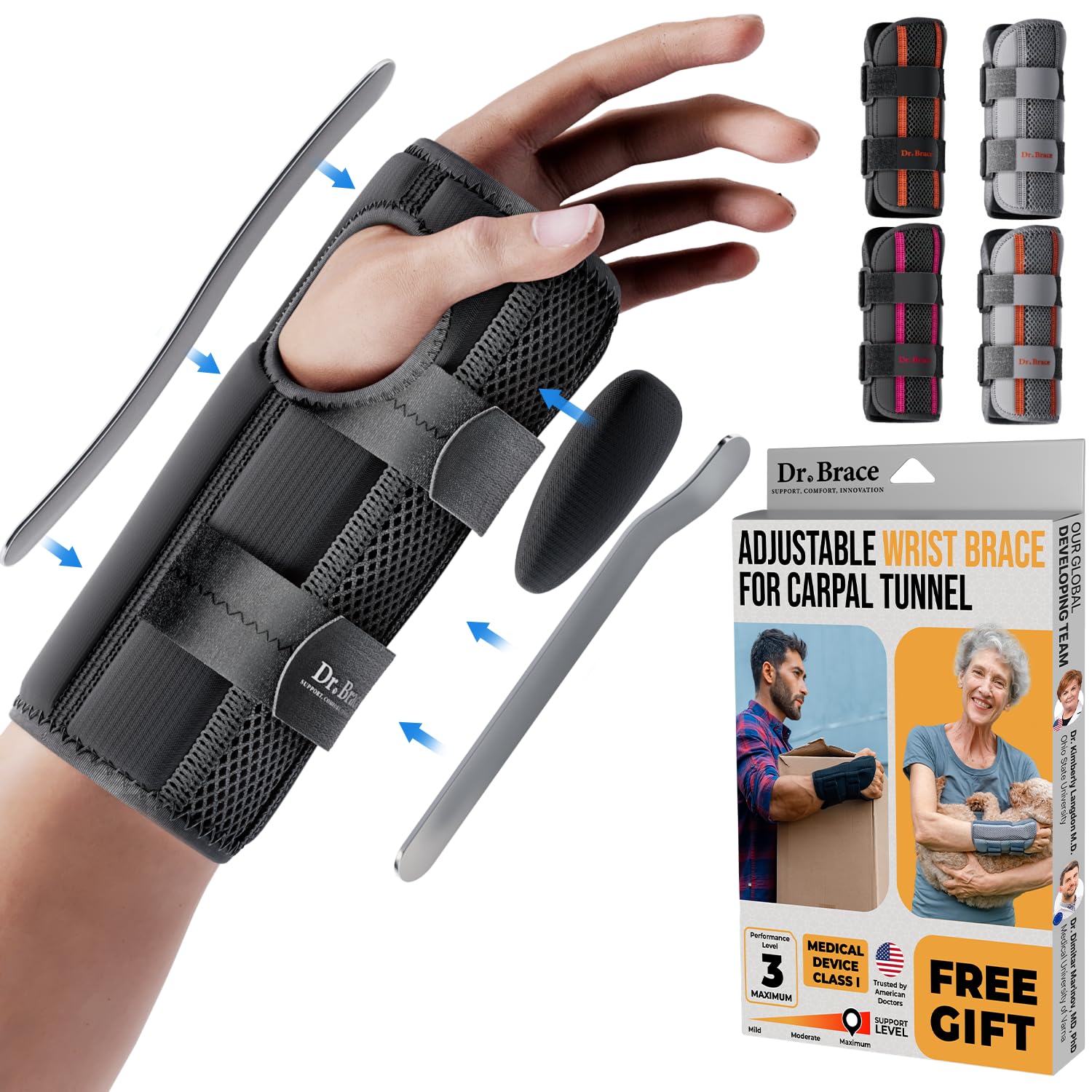 Dr.Brace Adjustable Wrist Brace Night Support for Carpal Tunnel, Doctor Developed, Upgraded with Double Splint & Therapeutic Cushion,Hand Brace for Pain Relief,Injuries,Sprains (L/XL Right Hand, Black)