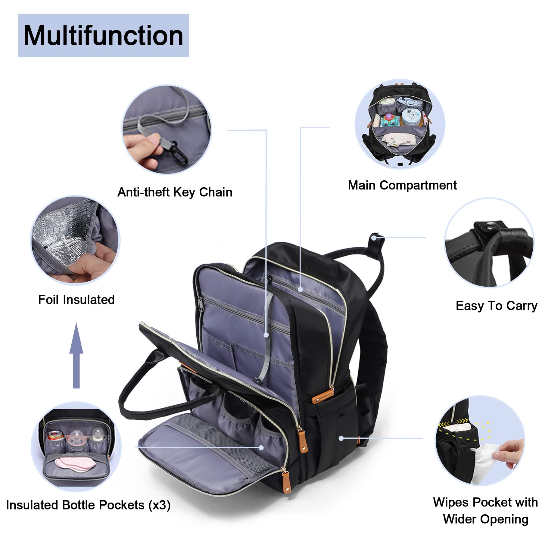 NUNET Diaper Bag Backpack Black W. Portable Changing Pad, Stroller Straps, Large Diaper Bag for 2 Kids (Girls/Boys), Multipurpose Lightweight Travel Back Pack for Moms Dads