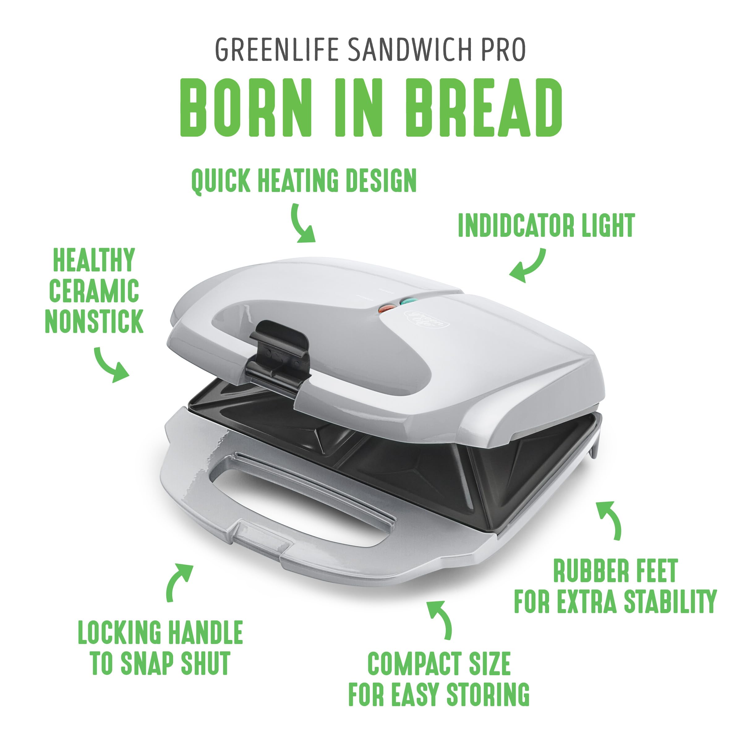 GreenLife Pro Electric Panini Press Grill and Sandwich Maker, French Toast Breakfast Sandwich and Waffle's, Healthy Ceramic Nonstick Plates,Easy Indicator Light, PFAS-Free, Silver