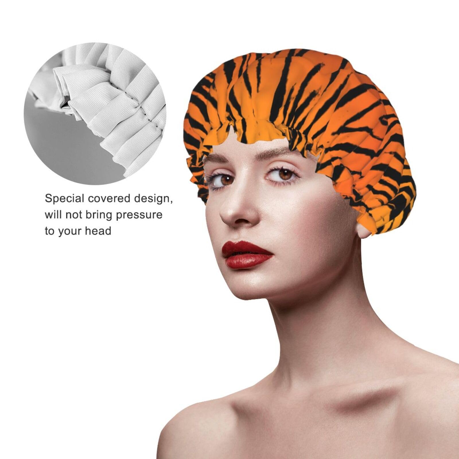 Double Layer Waterproof Shower Cap for Women,Portable Hair Protection for Long Hair,Versatile Bath Accessory Tiger Stripe