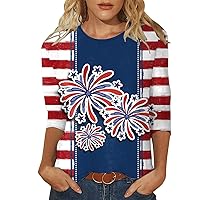 Women Fourth of July Shirt Crew Neck 3/4 Sleeve Summer Tops 2024 American Flag T Shirt Three Quarter Sleeve Blouses