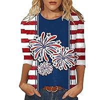 Fourth of July Outfit Women Flag Day Crewneck 3/4 Sleeve Shirts for Women Flag Day Casual 2024 Trendy Tops