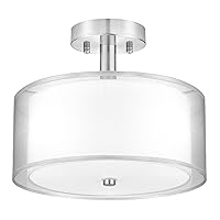 FOLKSMATE Silver Semi Flush Mount Ceiling Light Fixture, 3-Light Drum Light with Double Fabric Shade, Modern Close to Ceiling Lamp for Living Room, Bedroom, Dining Room, Kitchen, Hallway, Entry, Foyer