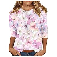 3/4 Sleeve Party Flowy Tunic Women Fancy Fall Cozy Print for Womens Thin Patchwork Round Neck Soft Tunics Pink S