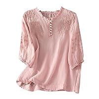 Women's Linen Retro Floral Print Embroidery Top Button-up Tunic Blouse