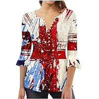 Britain Flag Tunic Tops Women Pleated Front Button V Neck Henley Shirt 3/4 Bell Sleeve 4th of July Patriotic Blouse
