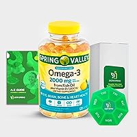 Spring Valley Omega-3 Fish Oil 2000mg EPA/DHA, 1000IU Vitamin D3, 120 Count, Heart, Brain & Bone Support + Vitamins & Minerals A to Z - Better Ligth&Spring Guide + Weekly Pill Organizer (3 Items)