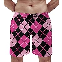 Black & Pink Argyle Men's Board Shorts Quick Dry Beach Pants Swim Trunks with Pockets & Mesh Lining
