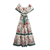 ACOSAP Women's Mexican Dress Summer Floral Print Off The Shoulder Sleeveless Beach Long Maxi Dress