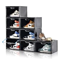 8 Pack Shoe Boxes Black Plastic Stackable, Large Shoe Storage Organizer,Drop Side Front Shoe Containers for Entryway,Sneaker Storage Fit up to US Size 13 for Men/Women(13’’x 10.6”x 8.3”)