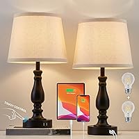 Lamps for Bedrooms Set of 2, Touch Bedside Table Lamps with USB Ports, 3 Way Dimmable Nightstand Lamps with Round Fabric Linen Lampshade for Living Room Reading Bed Side End Table, Bulbs Included