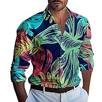 Long Sleeve Shirts for Men Loose Button Up Shirt Casual Summer Beach Shirt with Print Fashion Lightweight Tops