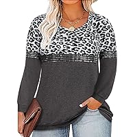 RITERA Plus Size Tops for Women Long Sleeve Colorblock Shirts Casual O Neck Tees Leopard Grey 5XL