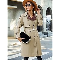 Jackets Women for Jackets - Raglan Sleeve Double Breasted Belted Trench Coat (Color : Khaki, Size : Small)