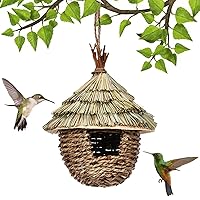 Bird House for Outside, Hanging Straw Hand Woven Hummingbird Nest, Small Animals House Pet Cage Habitats Decor for Backyard/Courtyard/Patio Tan