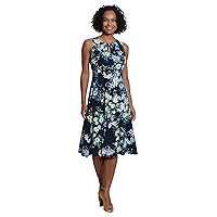 London Times Women's Sleeveless Fit and Flare Dress with Pleat Tucks and Keyhole Detail at Neck