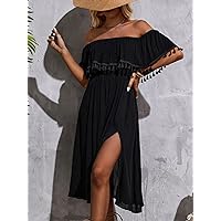 Summer Dresses for Women 2022 Off Shoulder Tassel Ruffle Trim Split Thigh Dress Dresses for Women (Color : Black, Size : X-Small)