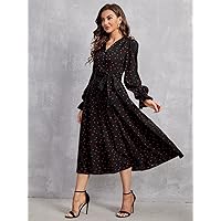 HIJNX Dresses for Women - Bell Sleeve Tie Back Polka Dot Dress (Color : Black, Size : X-Large)