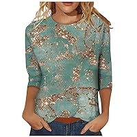 Women's 3/4 Sleeve Summer Tops Fashion Casual Round Neck Pullover Blouse Loose Floral Printed Top
