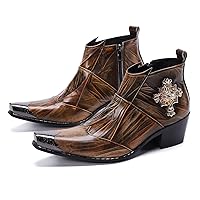 Mens Dress Boots Western Leather Fashion Brown Casual Pointed-Toe Metal Tip Shoes